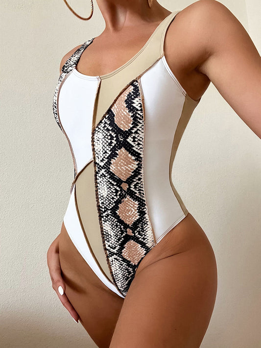 Snake Print Patchwork Exposed Seam One-Piece Swimsuit